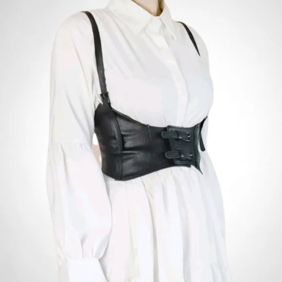 Womens Corset black vegan leather harness buckle suspenders steampunk waist belt - Picture 6 of 17